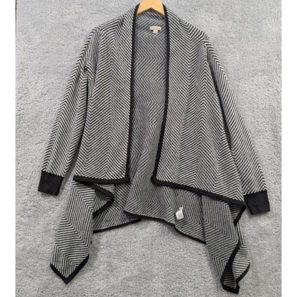 Merona Cardigan Women's Medium Black White Chevron Draped Open Front Long Sleeve
